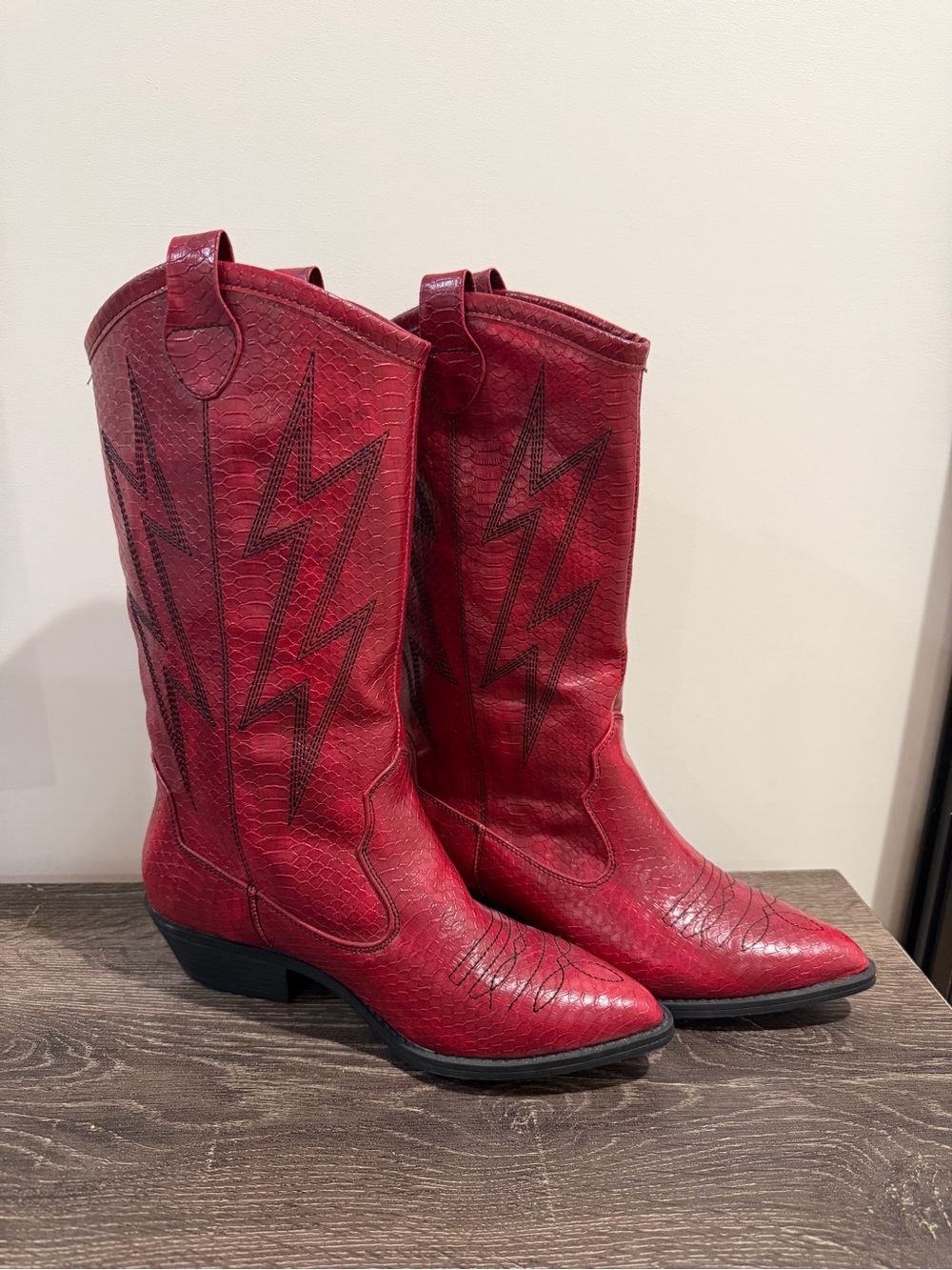 Red Western Cowboy Boots with Black Lightning Stitching